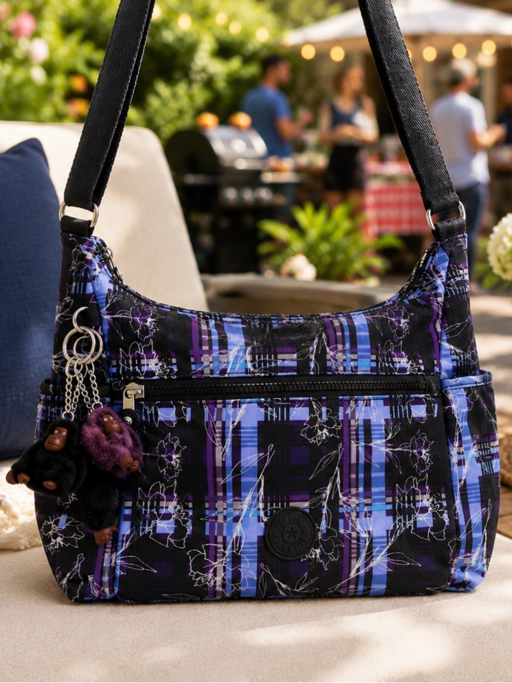Kipling Purple & Blue Plaid Crossbody Bag w/ Signature Monkey Keychains